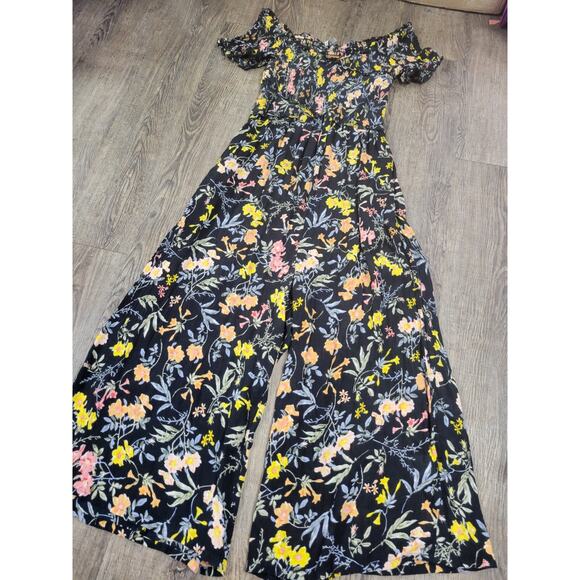 Patrons of Peace Pants - Patrons of Peace Jumpsuit Floral Print Cropped Off the Shoulder Romper Black M